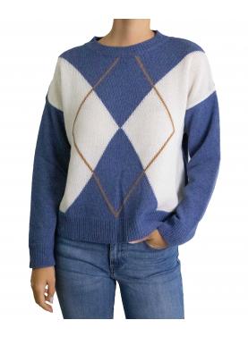 Maglione con rombi bicolore girocollo misto cashmere